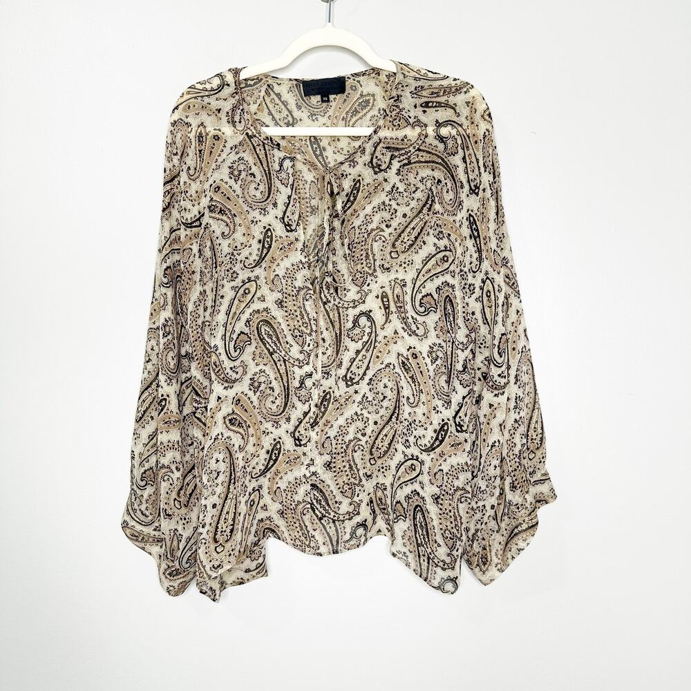 Nili Lotan Womens Silk Blouse Long Sleeves Paisley Print Acadia Beige Black XS - Picture 2 of 8
